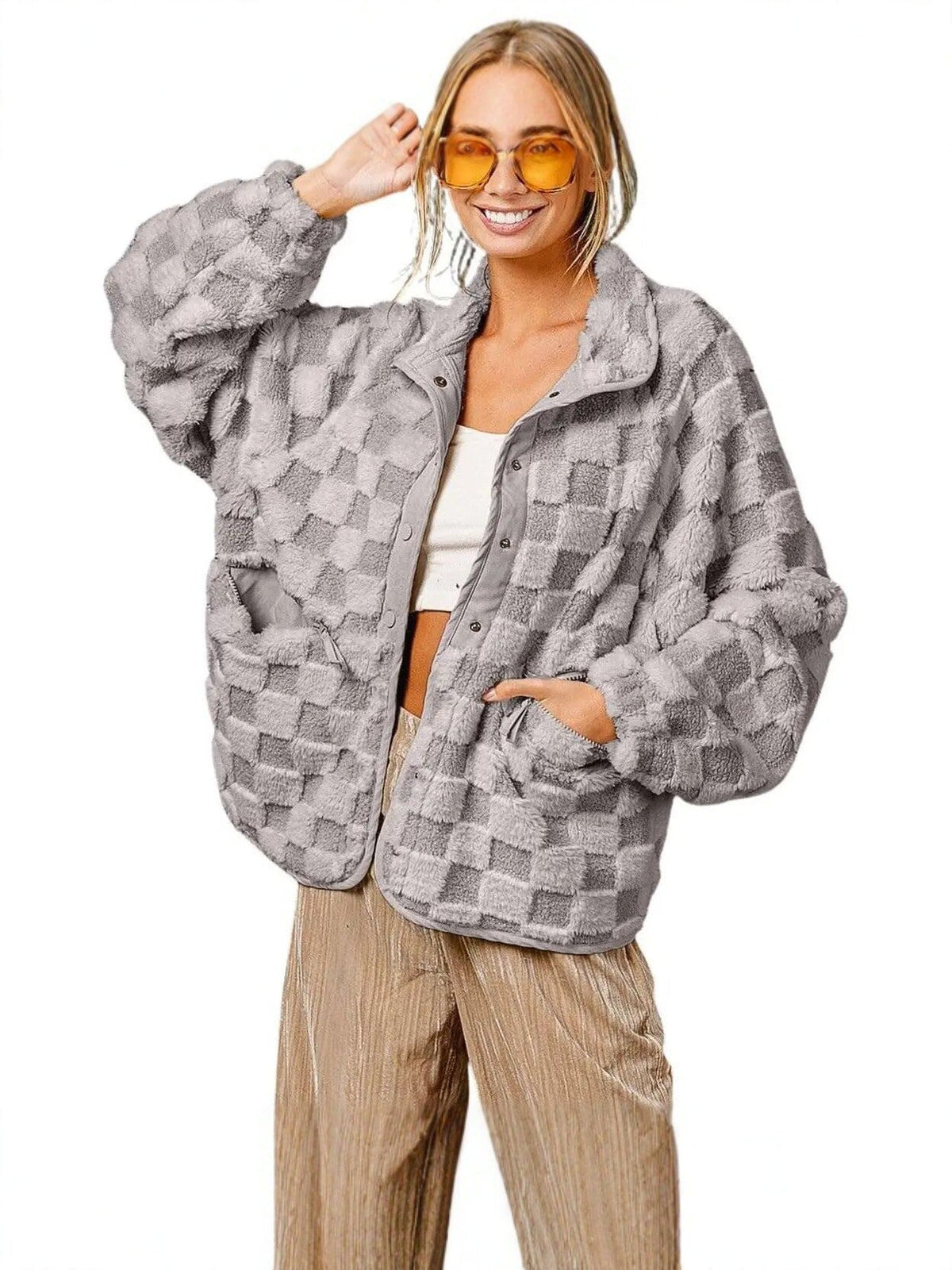 Plaid Faux Fur Coat for Women – Autumn/Winter Warm Jacket, Turn-Down Collar, Short Plush Design - Satinni