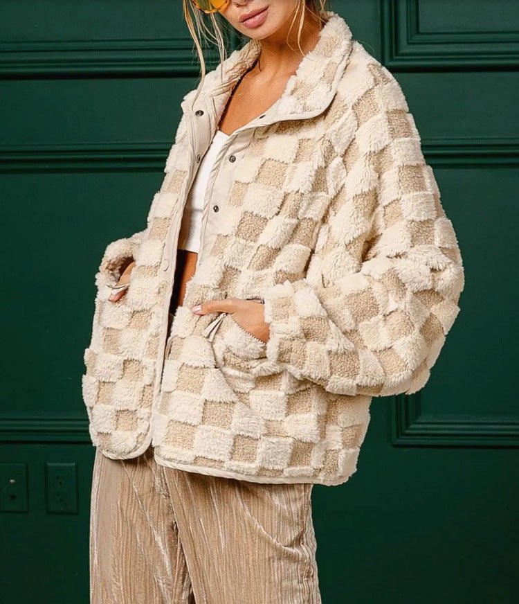 Plaid Faux Fur Coat for Women – Autumn/Winter Warm Jacket, Turn-Down Collar, Short Plush Design - Satinni