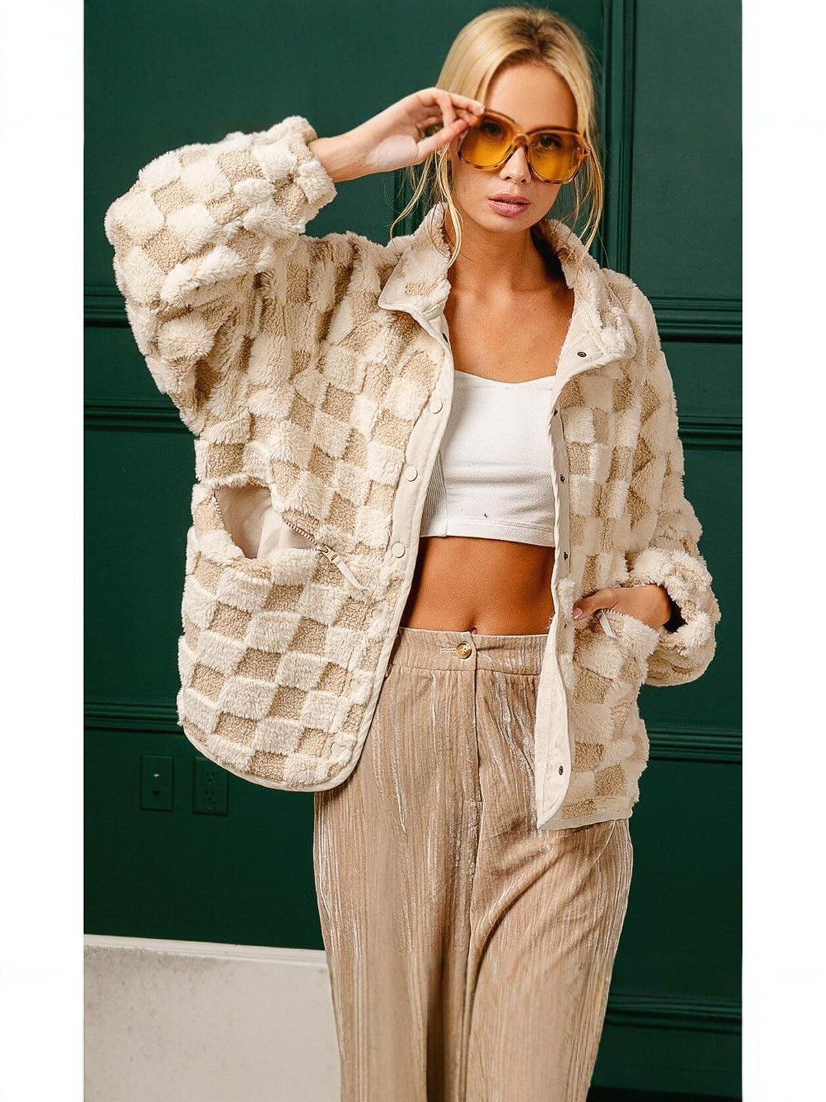 Plaid Faux Fur Coat for Women – Autumn/Winter Warm Jacket, Turn-Down Collar, Short Plush Design - Satinni