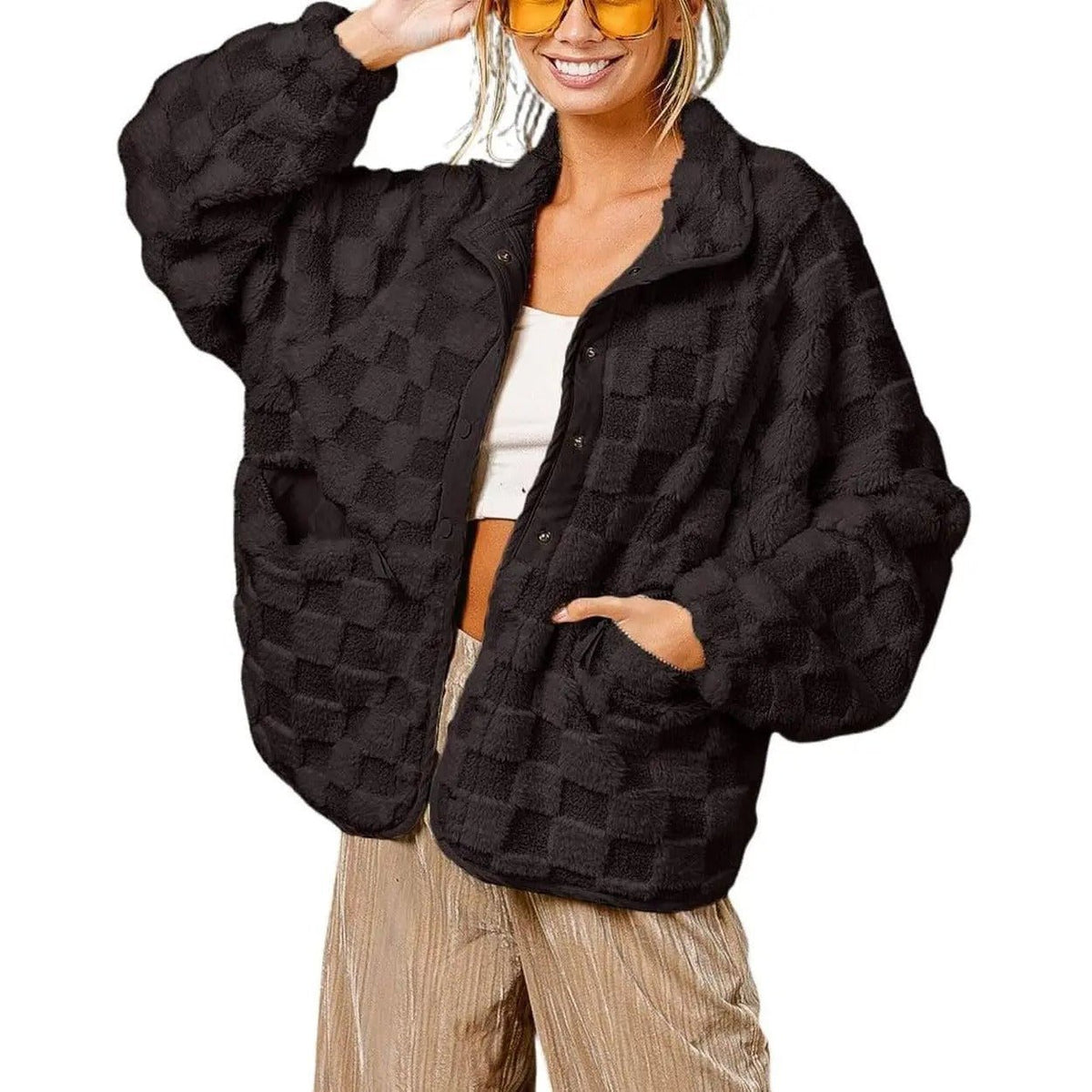 Plaid Faux Fur Coat for Women – Autumn/Winter Warm Jacket, Turn-Down Collar, Short Plush Design - Satinni