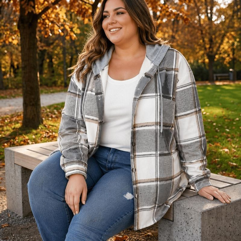 Plaid Fleece Lined Hooded Jacket for Women - Casual Winter Outerwear - Satinni