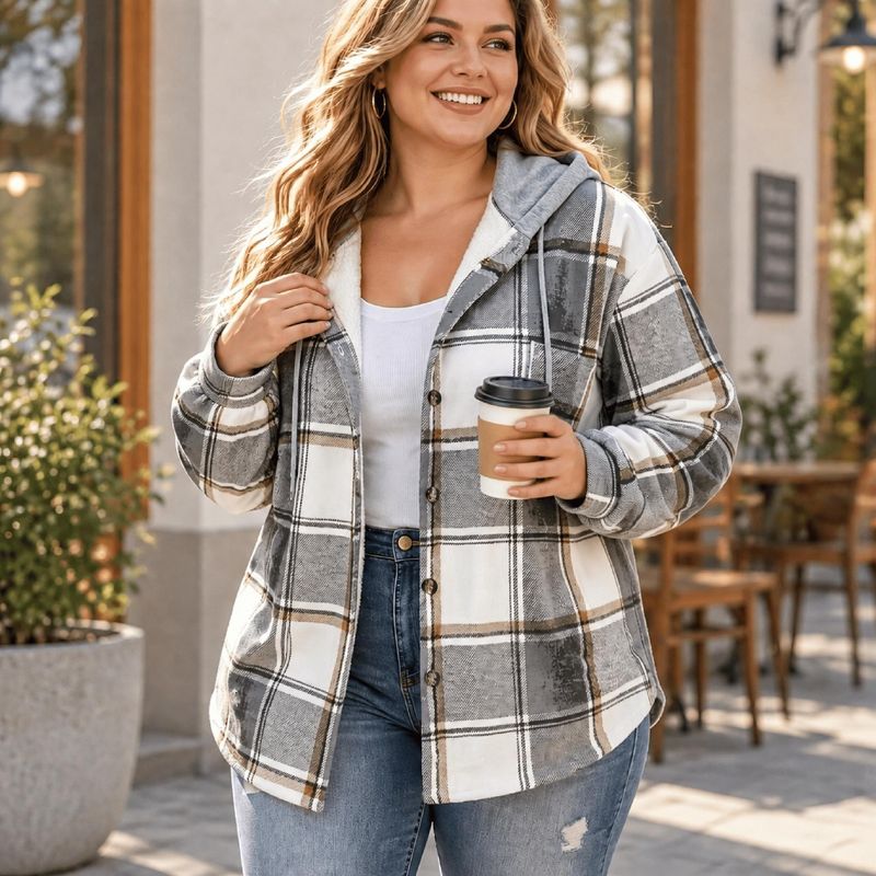 Plaid Fleece Lined Hooded Jacket for Women - Casual Winter Outerwear - Satinni