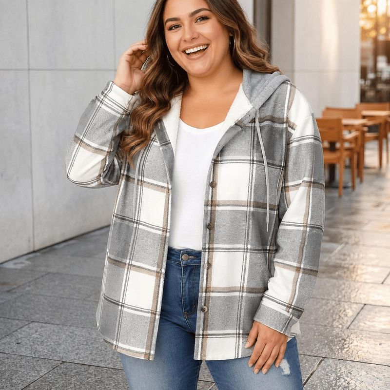 Plaid Fleece Lined Hooded Jacket for Women - Casual Winter Outerwear - Satinni