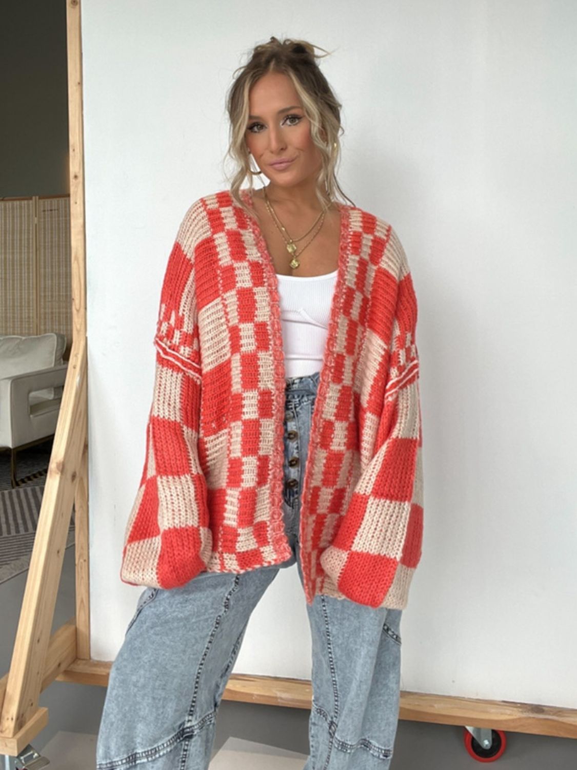 Plaid Long Sleeve Open Front Cardigan for Women - Cozy Knit Layering Piece - Satinni