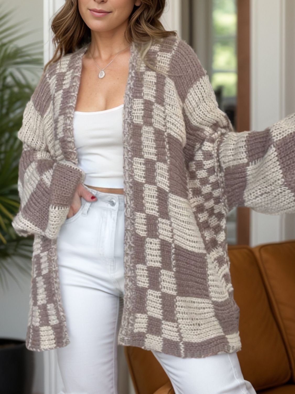 Plaid Long Sleeve Open Front Cardigan for Women - Cozy Knit Layering Piece - Satinni