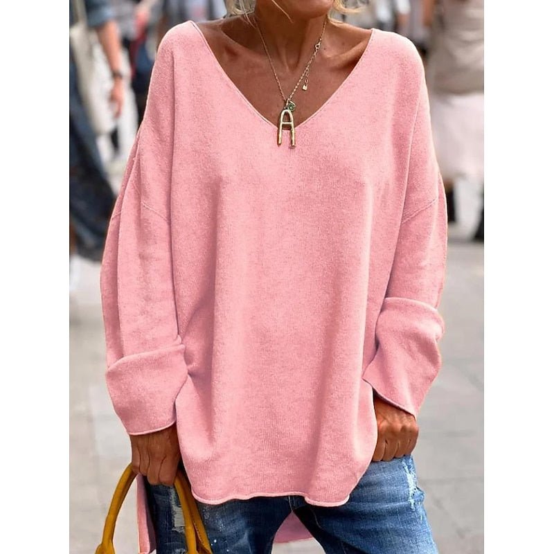 Relaxed V-Neck Pullover Sweater in Soft Knit for Casual Wear - Satinni