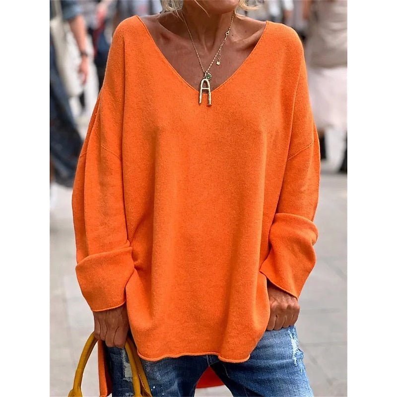 Relaxed V-Neck Pullover Sweater in Soft Knit for Casual Wear - Satinni