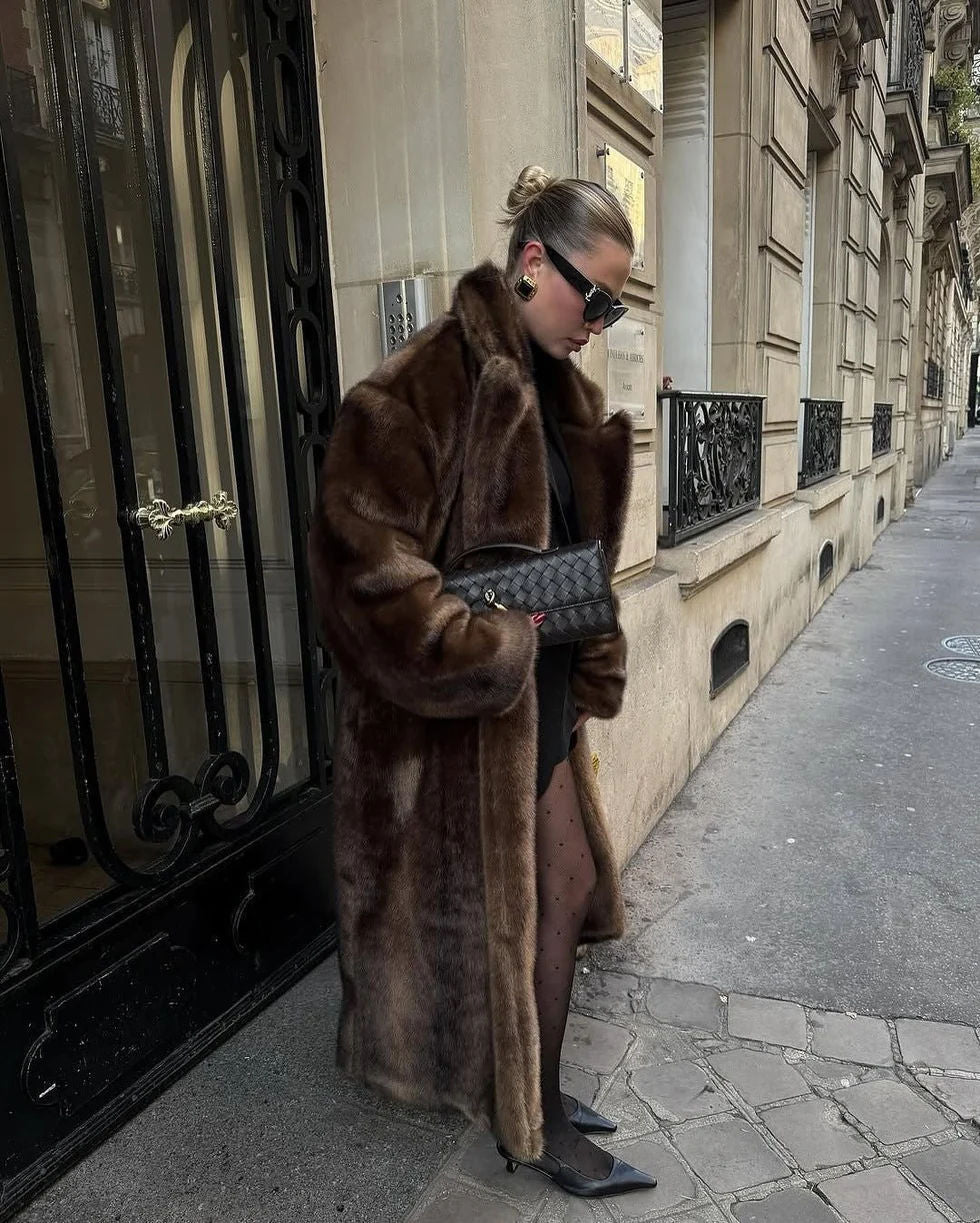 Retro Brown Faux Mink Fur Coat for Women - Long, Stand-Up Collar, Loose Fit - Satinni
