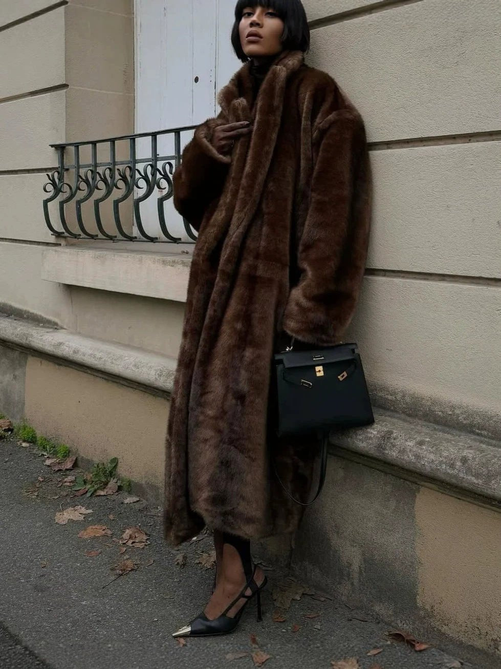 Retro Brown Faux Mink Fur Coat for Women - Long, Stand-Up Collar, Loose Fit - Satinni