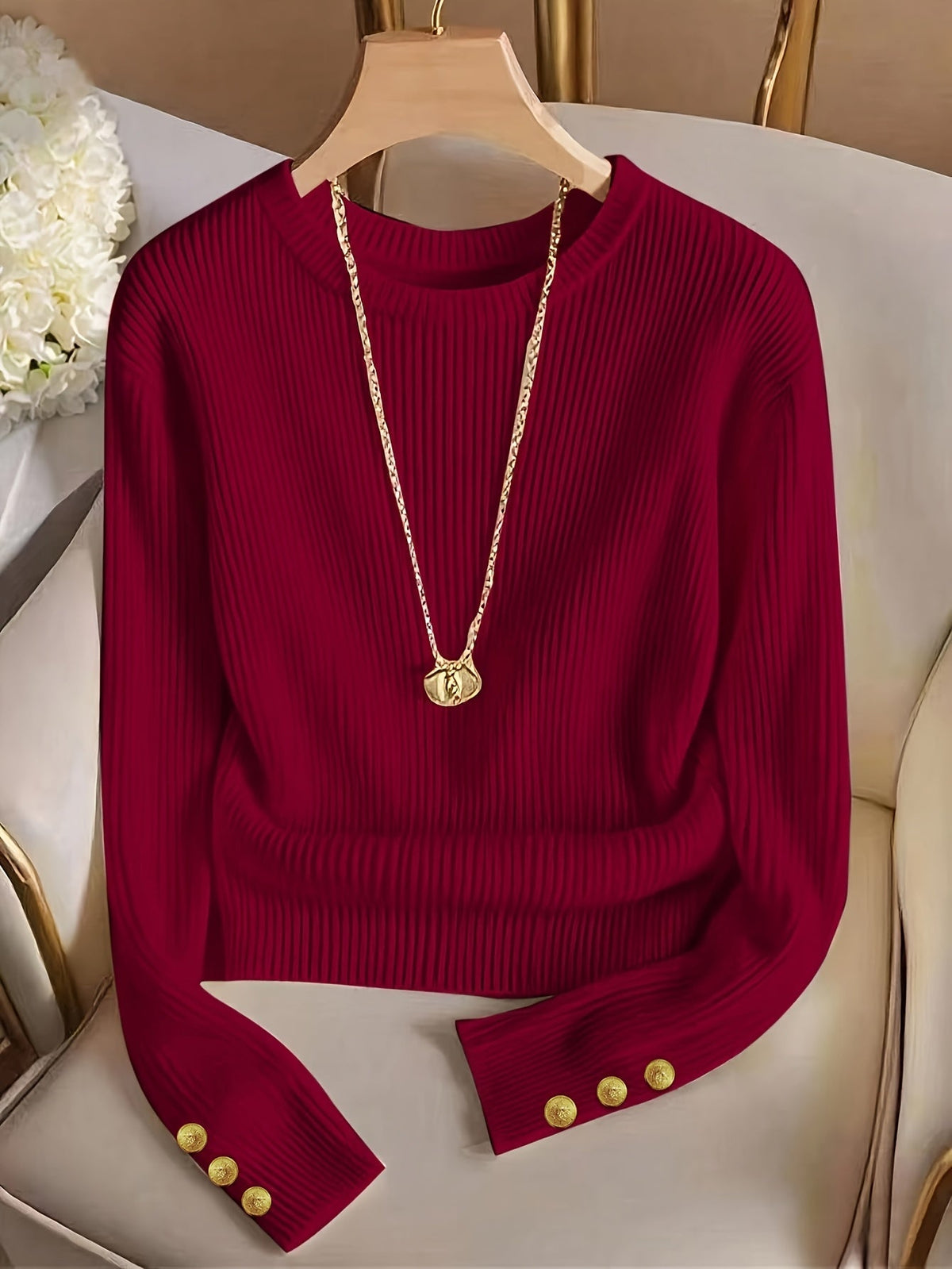 Ribbed Button-Cuff Sweater in Soft Knit for Casual Wear - Satinni