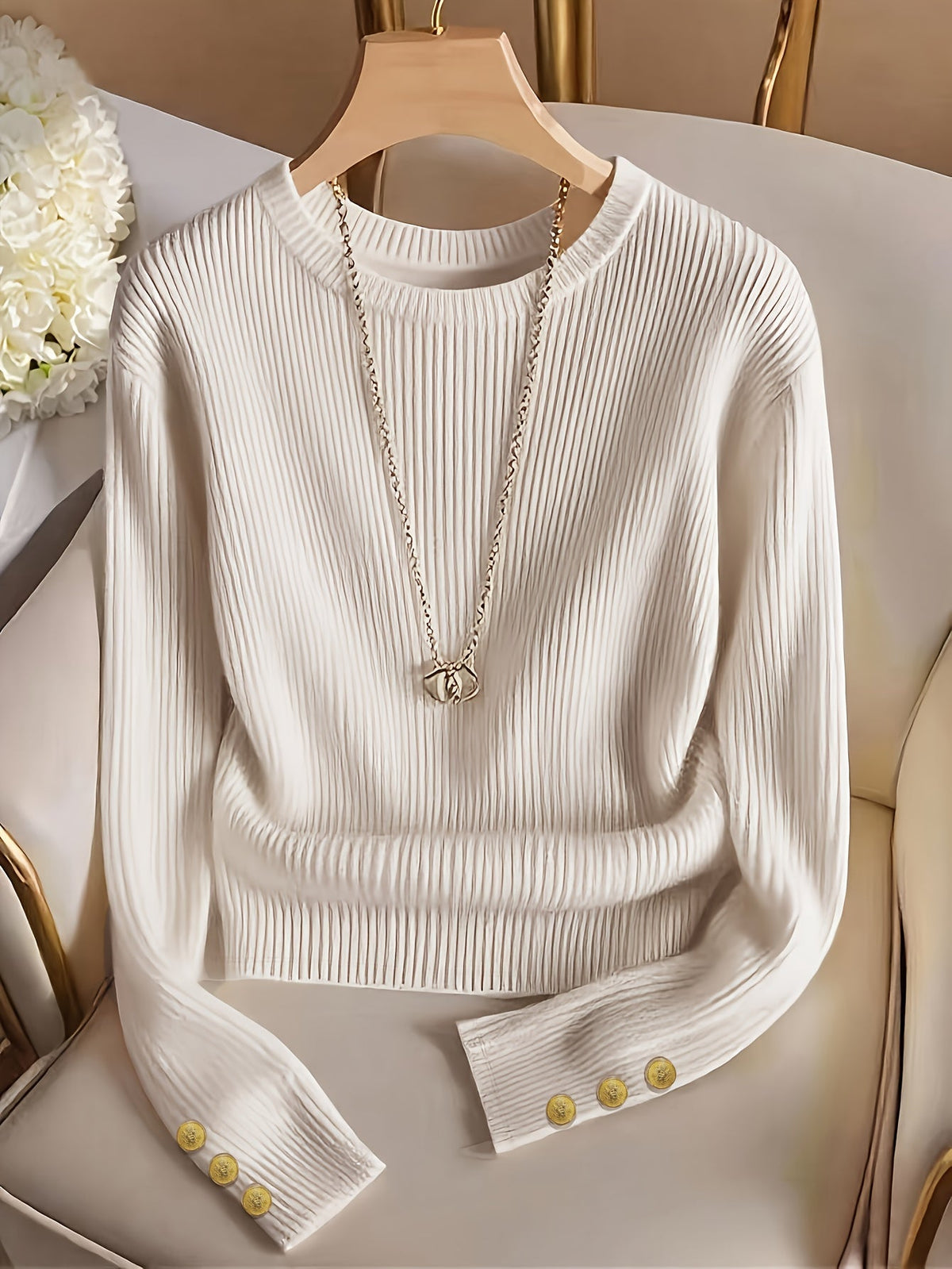 Ribbed Button-Cuff Sweater in Soft Knit for Casual Wear - Satinni
