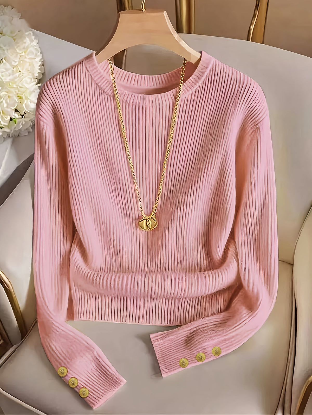 Ribbed Button-Cuff Sweater in Soft Knit for Casual Wear - Satinni