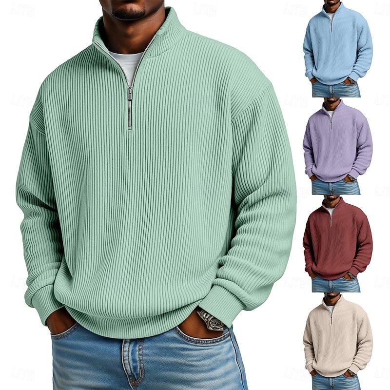 Ribbed Quarter-Zip Pullover for Men - Soft Fabric, Casual Style, Versatile Wear - Satinni