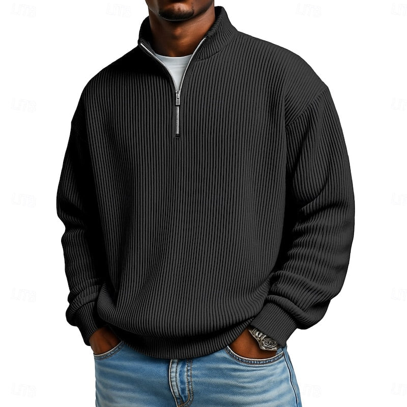 Ribbed Quarter-Zip Pullover for Men - Soft Fabric, Casual Style, Versatile Wear - Satinni