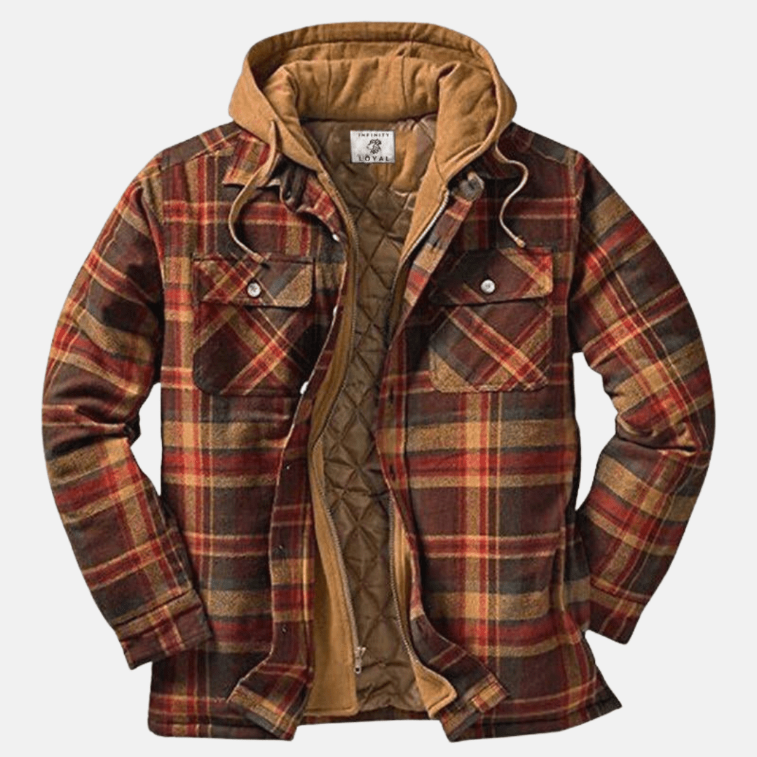 Rugged Hooded Plaid Jacket for Men | Durable Cotton Blend | Outdoor Wear - Satinnis