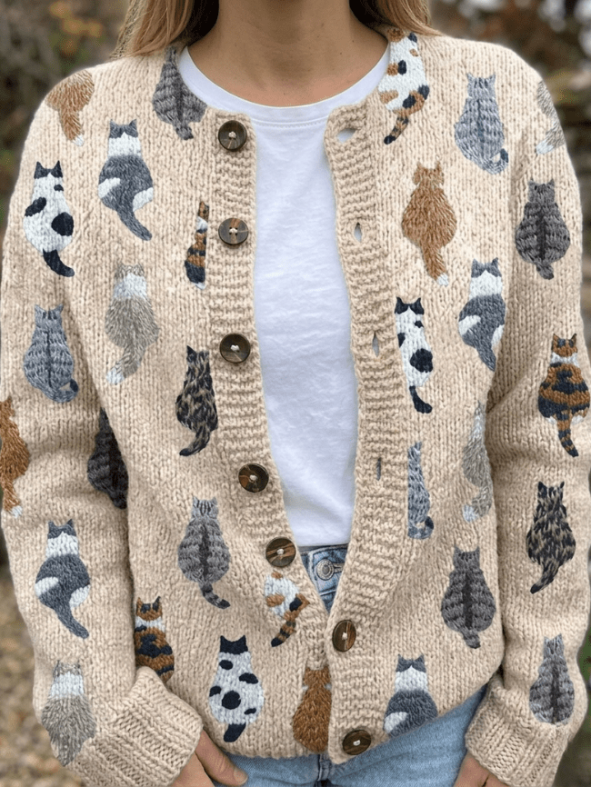 Soft Cat Pattern Cardigan for Women | Stylish and Cozy Knitwear - Satinni