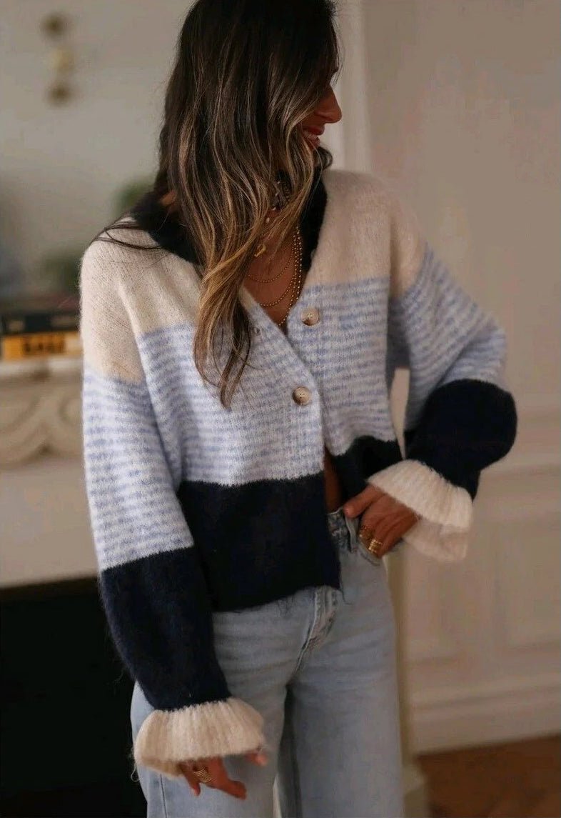 Striped Color-Blocked Knit Cardigan Sweater Jacket for Casual Wear - Satinni