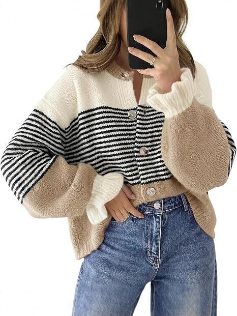 Striped Color-Blocked Knit Cardigan Sweater Jacket for Casual Wear - Satinni