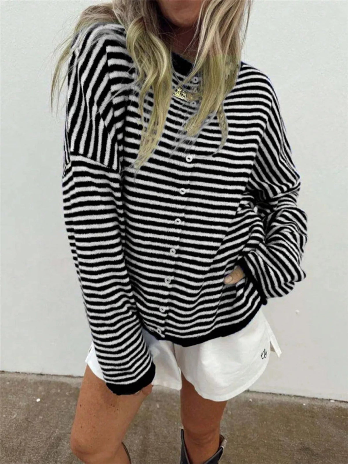 Striped Knit Cardigan with Buttons – Casual, Office - Satinni