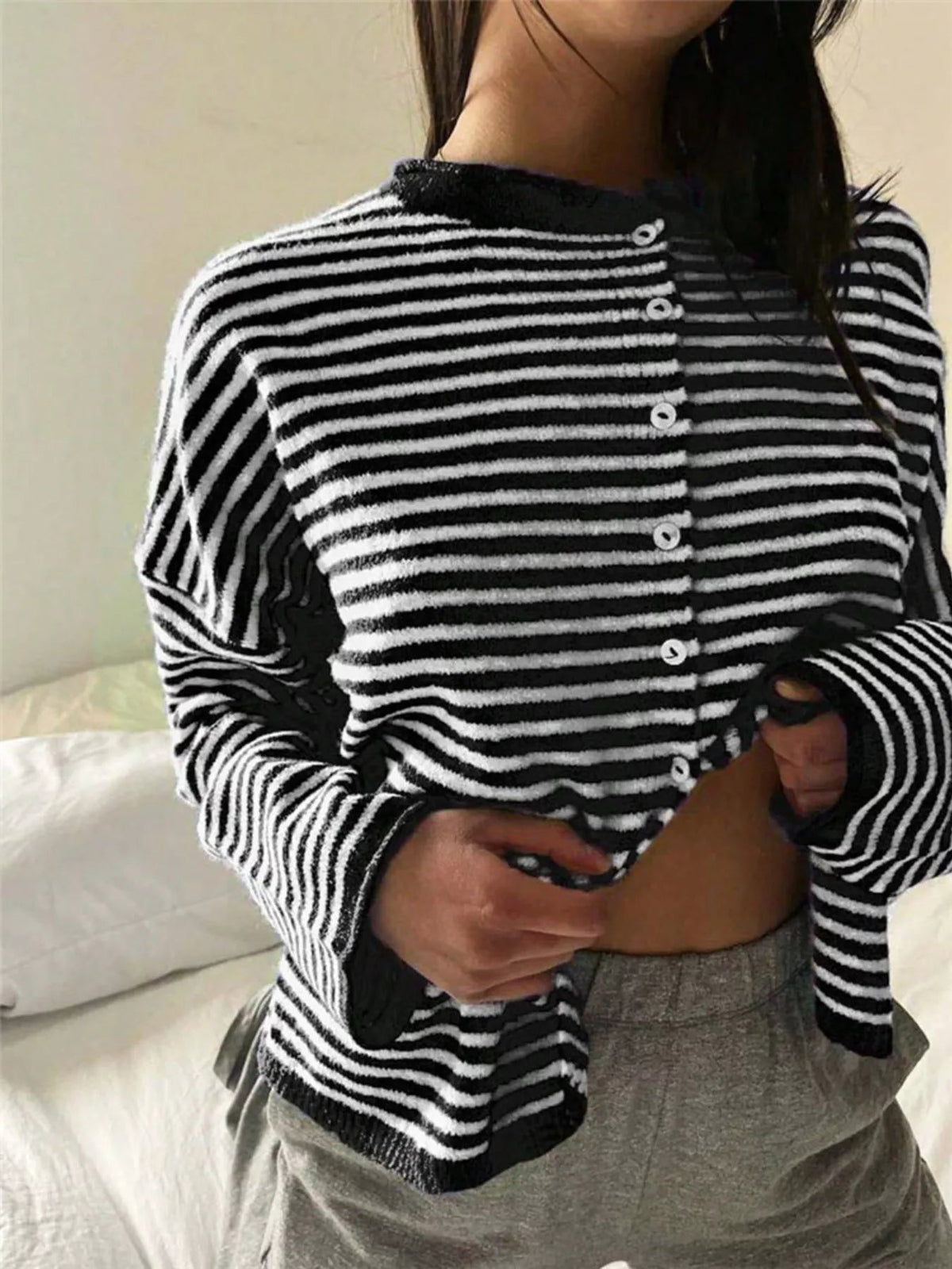 Striped Knit Cardigan with Buttons – Casual, Office - Satinni