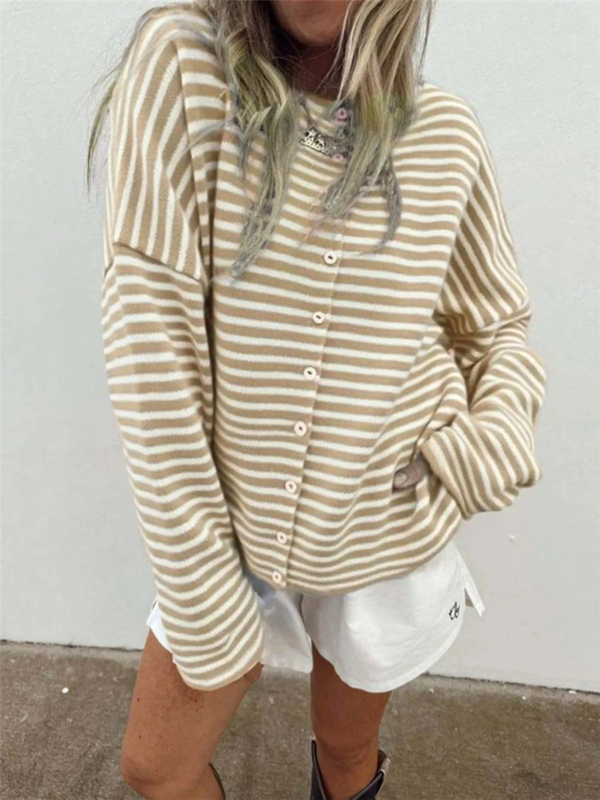 Striped Knit Cardigan with Buttons – Casual, Office - Satinni