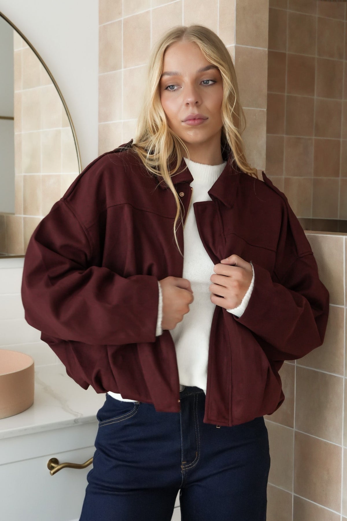 Suede Bomber Jacket Wine – Casual Wear, Stylish Layering - Satinni