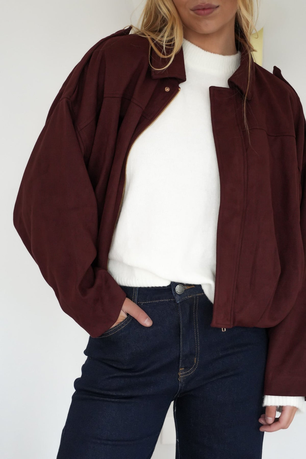 Suede Bomber Jacket Wine – Casual Wear, Stylish Layering - Satinni