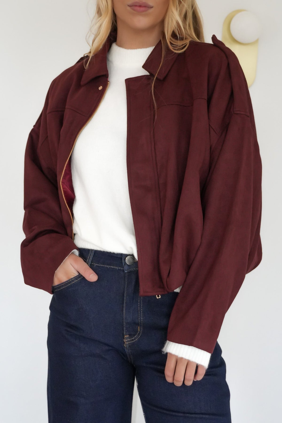 Suede Bomber Jacket Wine – Casual Wear, Stylish Layering - Satinni