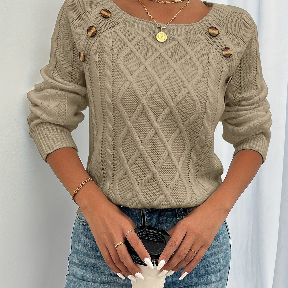 Textured Button Sweater for Women | Cozy Knit Casual Wear - Satinni