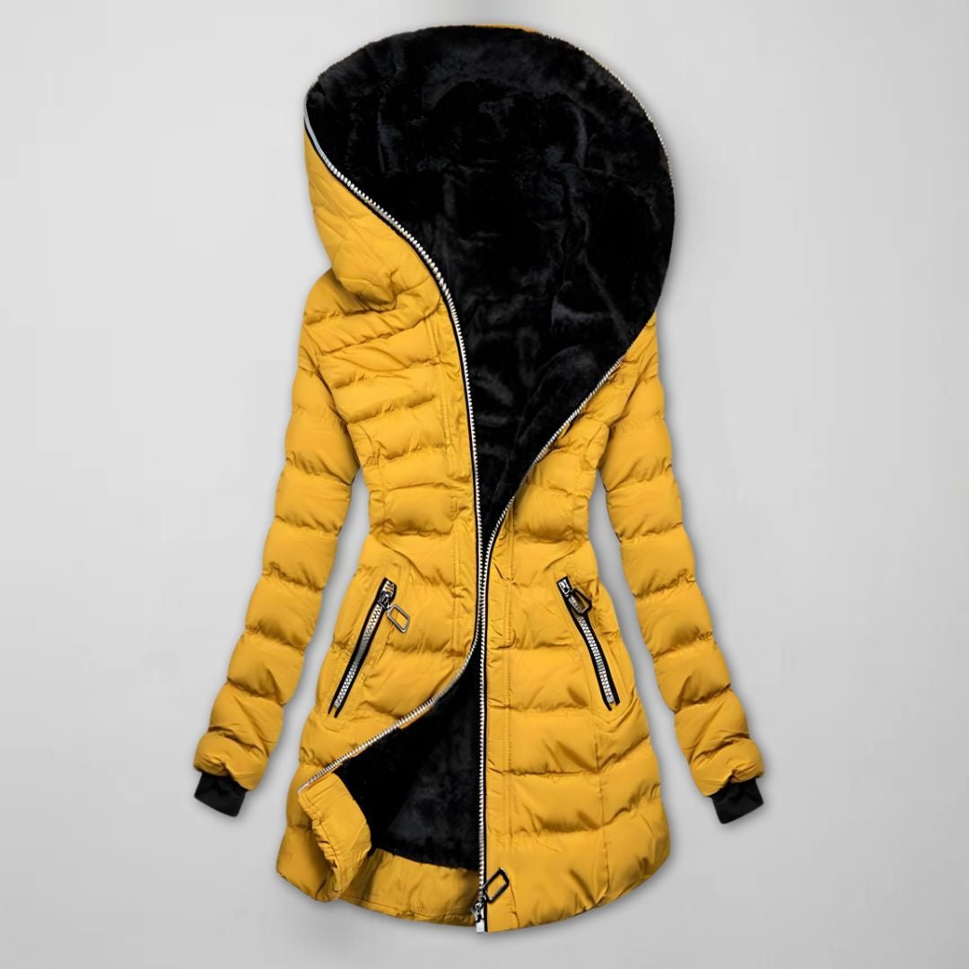 Women's Quilted Winter Jacket with Hood - Warm, Windproof, Long Design - Satinnis